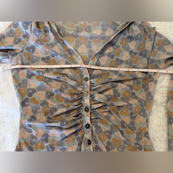 Free People Mesh Rouched Long Sleeve Button Down Blouse Top Heart Print XS - Picture 4 of 7